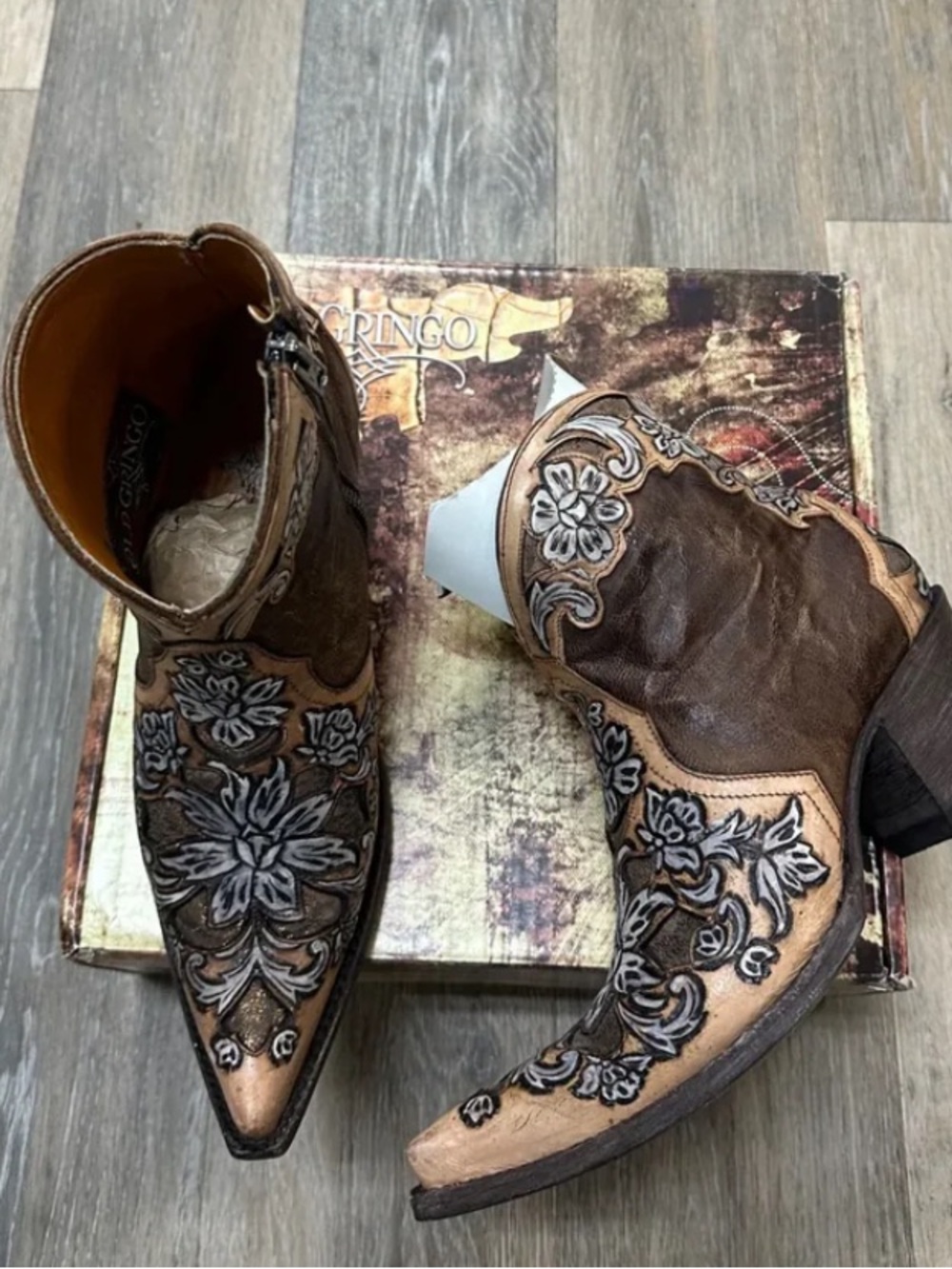 Old gringo aster in brass bone hand tooled floral ankle  boots RTL $698 8 - Picture 12 of 14